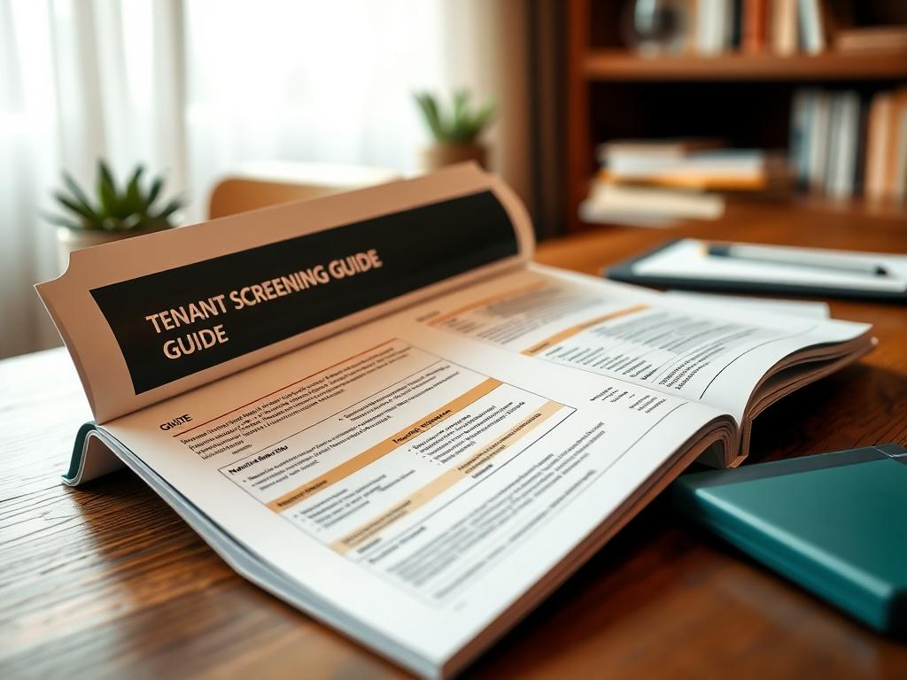A close-up shot of a professional-looking Tenant Screening Guide booklet, resting on a wooden desk. The guide should be open to a page showing detailed tenant evaluation criteria. The background should be softly blurred, emphasizing the guide, with warm lighting to create a welcoming atmosphere.