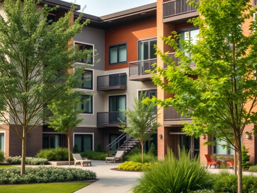 A high-resolution close-up shot of a modern apartment complex managed by TreeHouse, highlighting the architectural features and well-maintained common areas. The image should emphasize the inviting atmosphere and attention to detail in property management, with lush greenery surrounding the building, shot with a 45mm f/1.2 lens. The background should be softly blurred to keep the focus on the apartment complex, conveying a high standard of living and management.