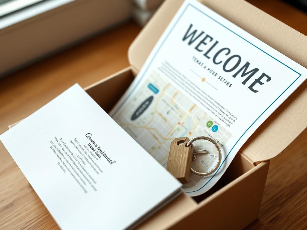 A high-resolution close-up shot of a beautifully designed tenant welcome package, including a welcome letter, a local map, and a keychain. The background should be soft and inviting, with natural lighting that emphasizes the warmth and friendliness of the materials.