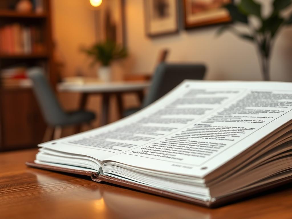 A high-resolution close-up shot of a property management handbook, open to a page with detailed information. The background should be warm and inviting, hinting at a cozy office setting with soft lighting.