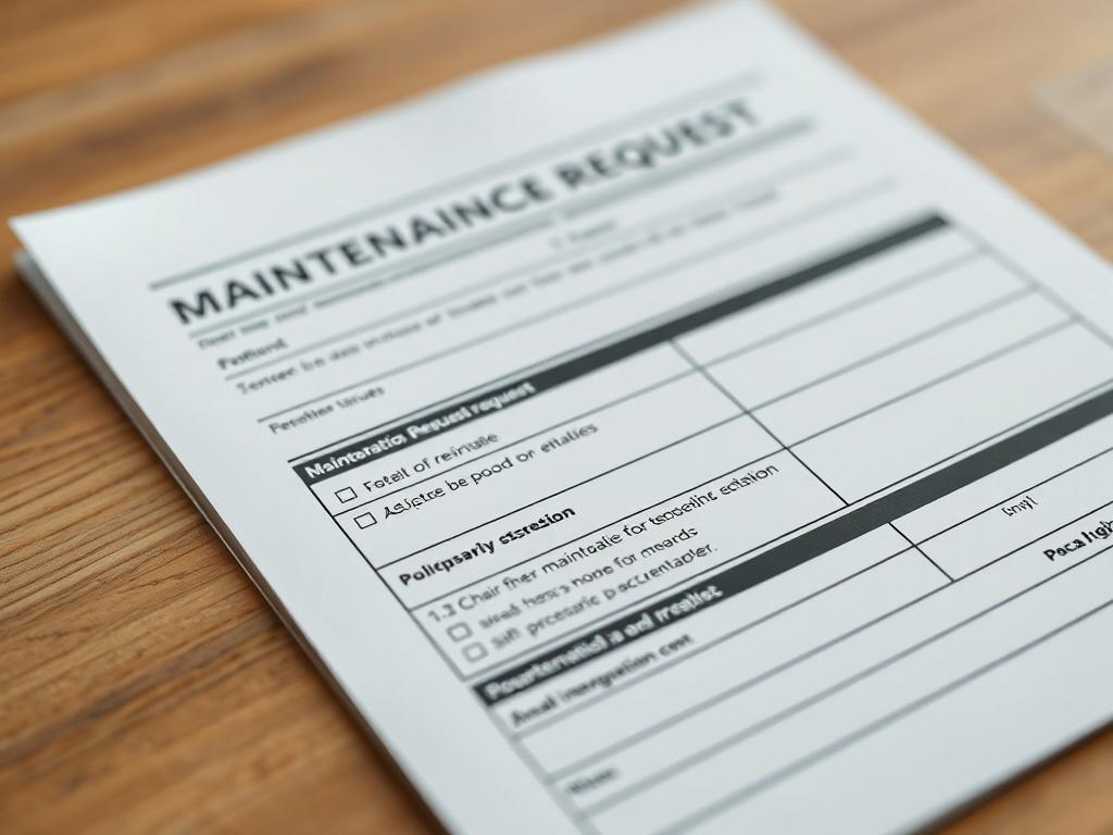 A close-up shot of a neatly organized maintenance request form with clear sections for tenant information and issues. The background should be minimalistic, focusing on the form itself, with a soft, professional aesthetic.