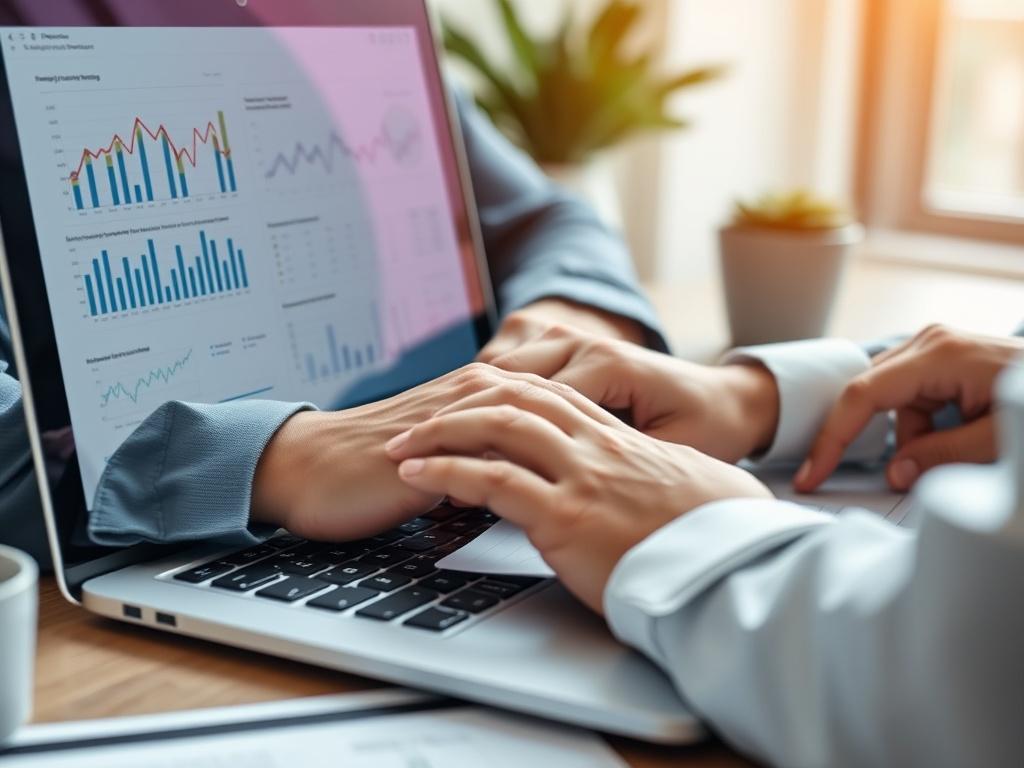 A close-up shot of a property manager analyzing financial reports on a laptop, with graphs and charts visible on the screen, conveying a sense of analytical focus and business acumen.