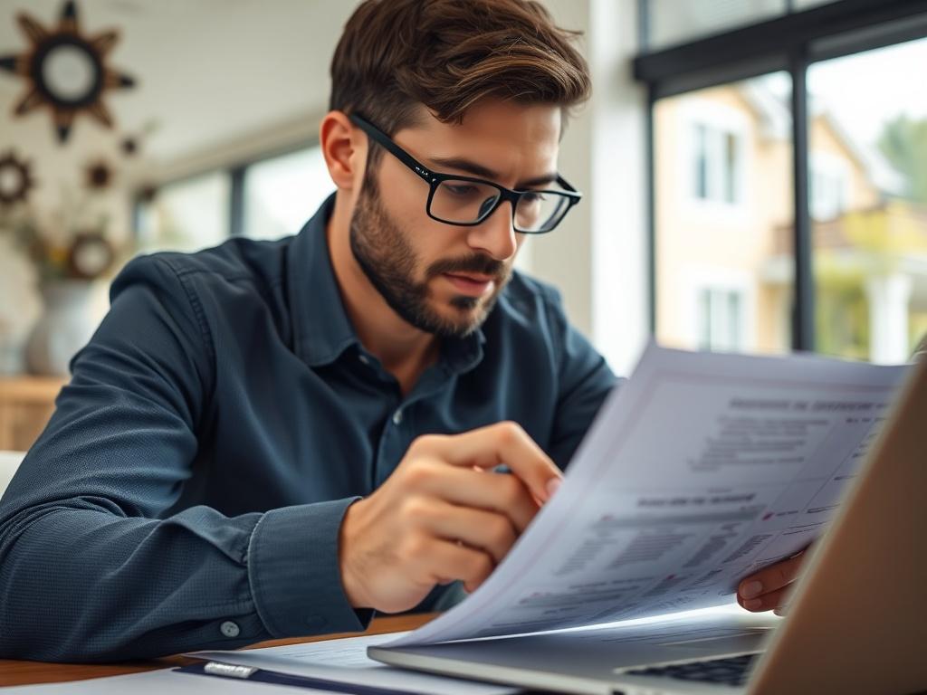 A close-up shot of a property manager reviewing a tenant application with a focused expression, surrounded by documents and a laptop, with a blurred background of a well-maintained rental property. The image should evoke a sense of professionalism and thoroughness.