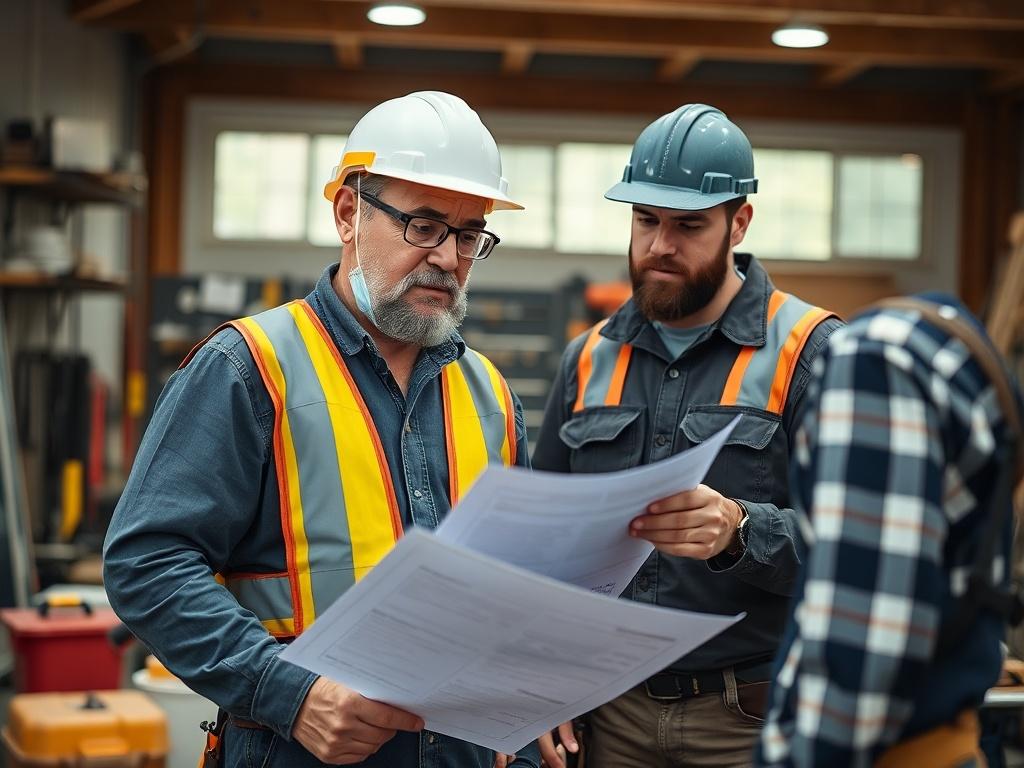 A close-up shot of a property manager discussing maintenance plans with a contractor on-site, showcasing tools and equipment in the background, with a focus on teamwork and efficiency.