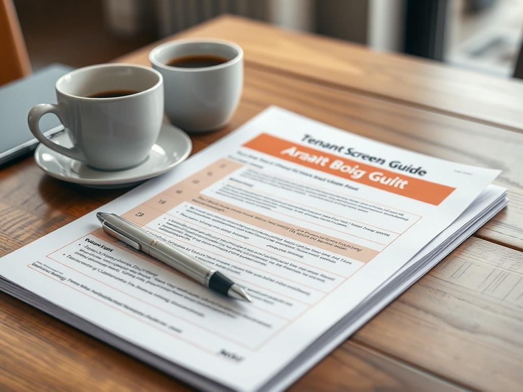 A close-up shot of a printed Tenant Screening Guide on a wooden table, with a pen and a coffee cup beside it. The background should be softly blurred to focus on the guide, showcasing its professional design with clear headings and bullet points.