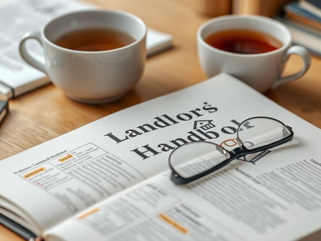A close-up shot of the Landlord's Handbook open on a desk, with highlighted sections visible. A pair of reading glasses and a cup of tea are nearby, adding a cozy and inviting atmosphere.