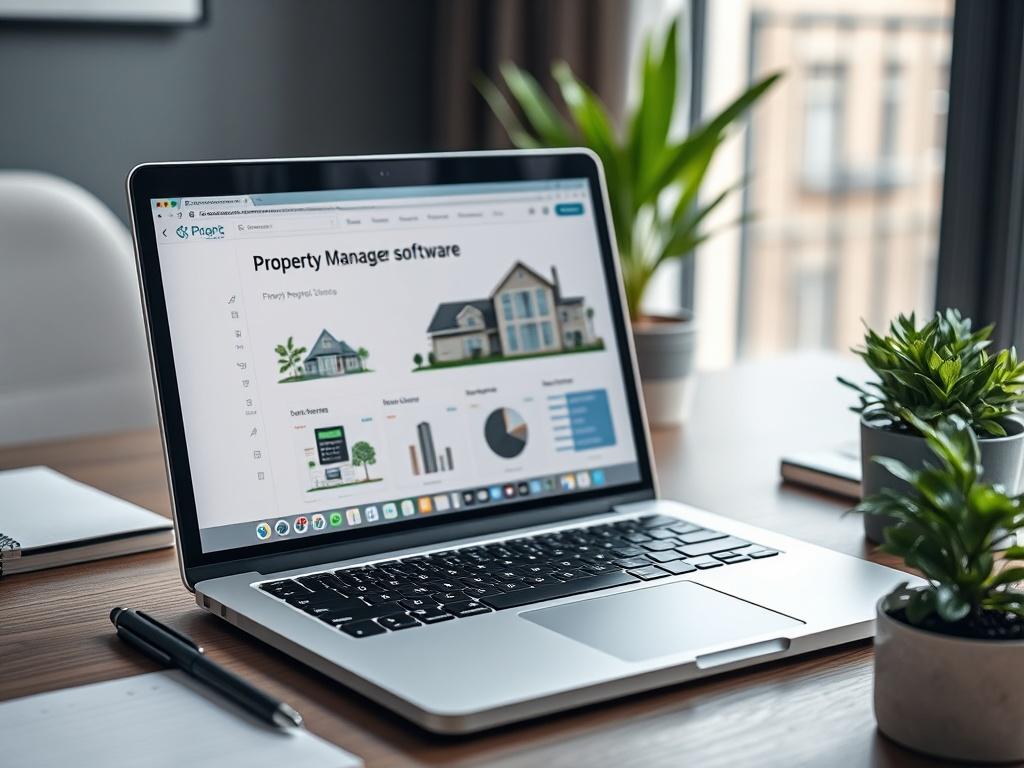 A close-up shot of a laptop displaying Property Management Software on the screen, surrounded by a notepad and a plant. The laptop is on a stylish office desk, with soft natural light illuminating the scene.