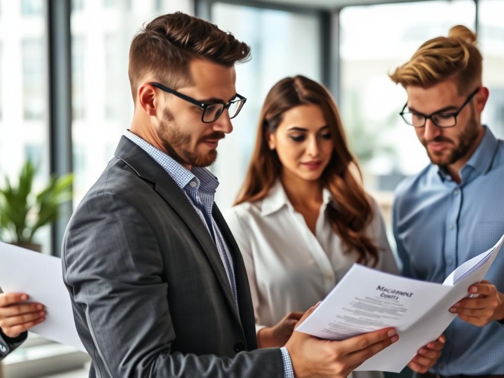 A realistic high-resolution image of a property management team reviewing property documents in an office, with a focus on their engaged expressions. The background should be a clean and modern workspace with natural light, emphasizing professionalism and efficiency.