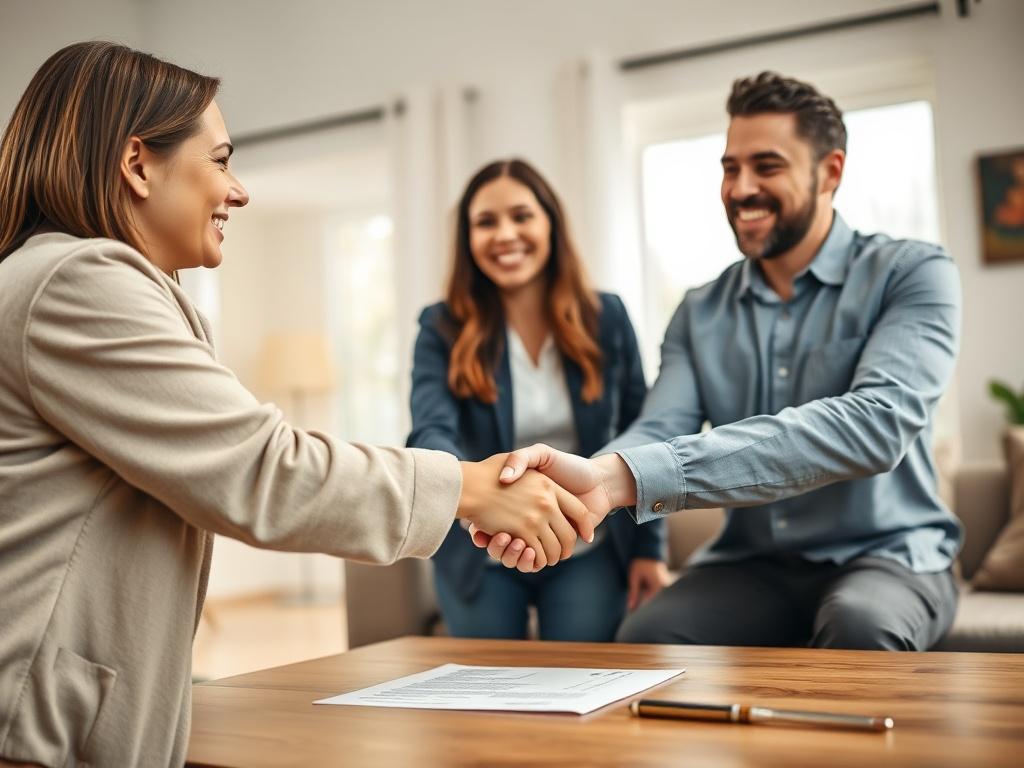 A realistic high-resolution image of a happy landlord shaking hands with a new tenant after signing a lease agreement, set in a well-lit rental property living room. The image should convey a sense of satisfaction and trust, highlighting the successful partnership.