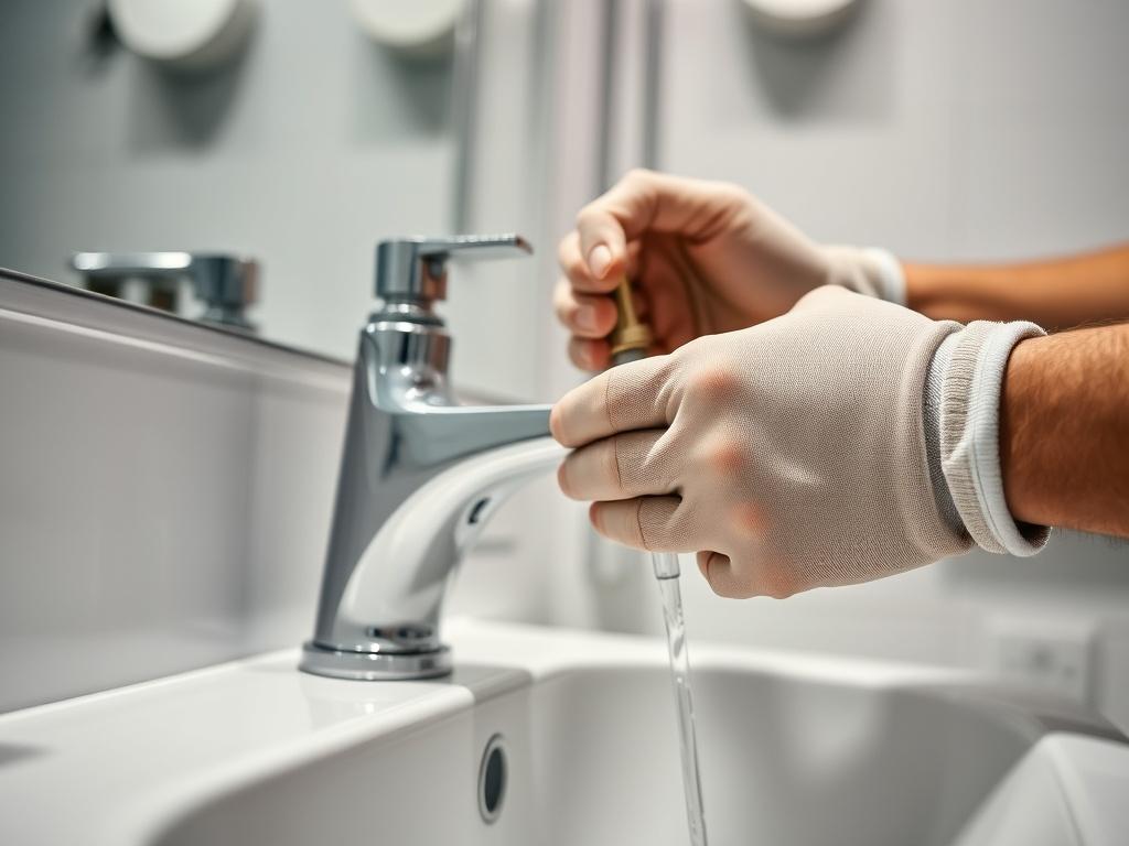 A realistic high-resolution image of a property maintenance technician repairing a faucet in a bathroom, showcasing skilled hands at work. The background should include clean and modern fixtures, emphasizing the quality of service provided.