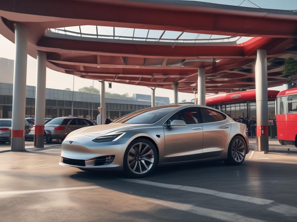 A high-resolution image of a Tesla at an airport drop-off zone, showcasing a busy terminal in the background, captured with a 45mm f/1.2 lens.