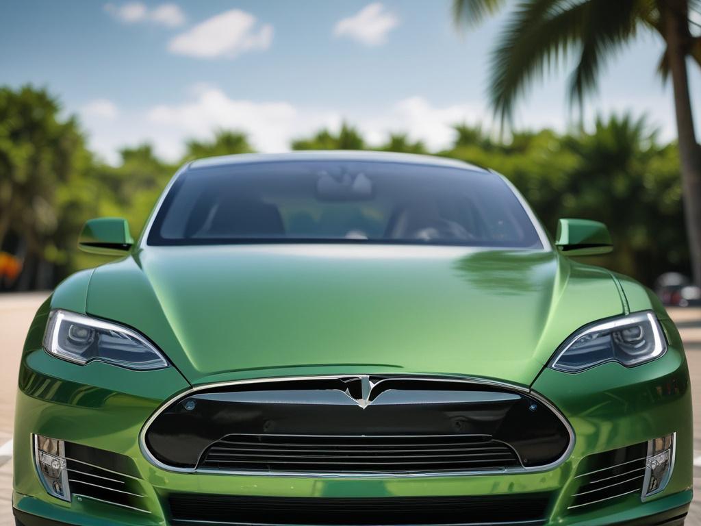 A close-up shot of a sleek Tesla parked near a beautiful Naples beach, with vibrant green foliage in the background, captured with a 45mm f/1.2 lens.