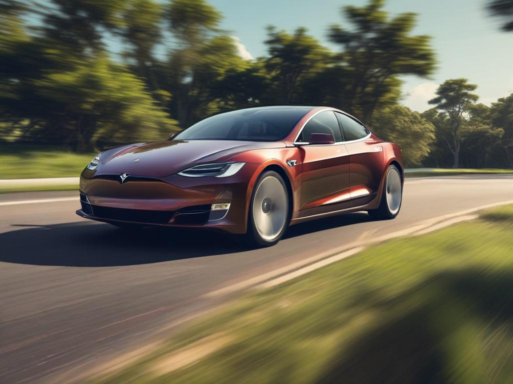 A stunning close-up of a Tesla driving along a scenic Florida highway, with lush greenery and blue skies visible, captured with a 45mm f/1.2 lens.