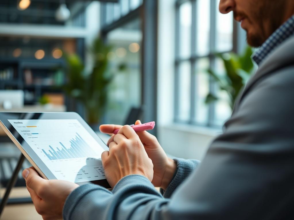 A close-up shot of a marketing professional analyzing data on a tablet, with charts and graphs displayed on the screen. The background features a modern office space with a focus on analytics.