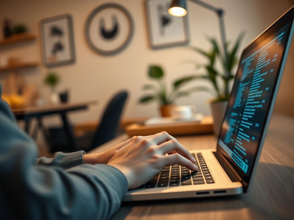 A close-up shot of a person typing on a laptop, focused on the screen displaying AI-generated texts. The background shows a modern workspace with minimalistic decor, emphasizing creativity and technology. The lighting is warm and inviting.