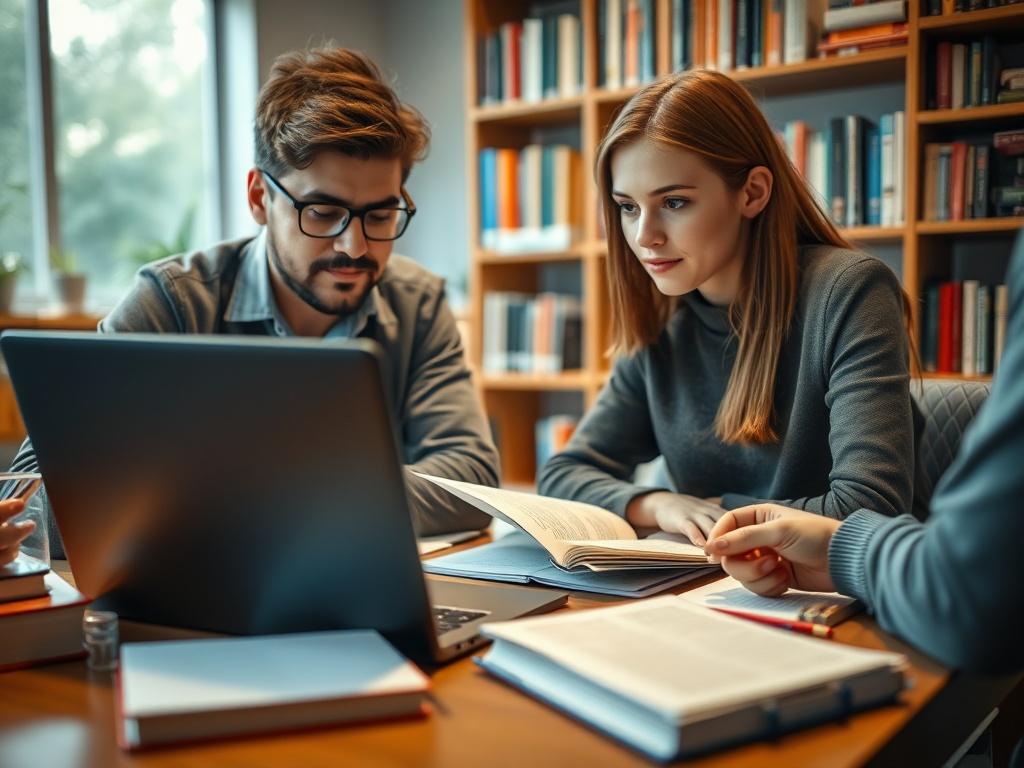 A close-up shot of a tutor and a student engaged in a discussion over a laptop, with notes and textbooks scattered around. The background shows a cozy study environment with bookshelves and a warm light.
