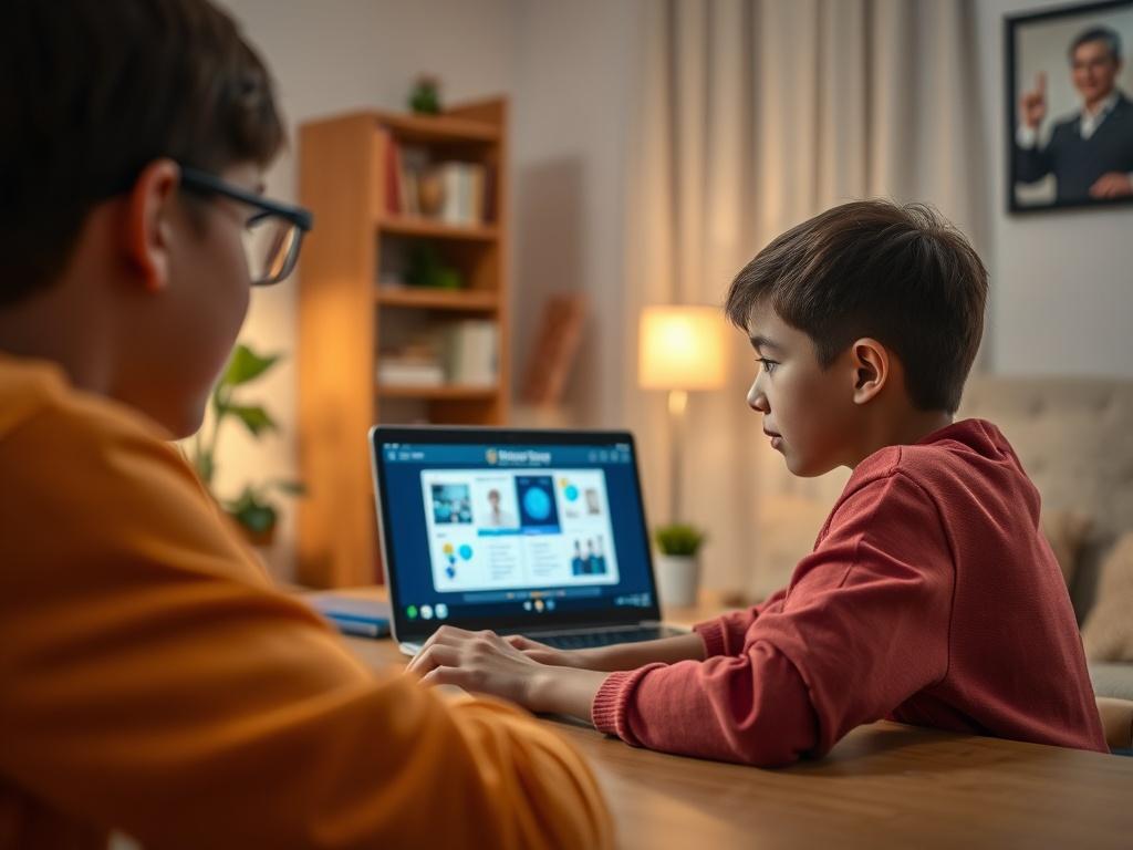A close-up shot of a student engaged in an online tutoring session, with a focus on their attentive expression and the laptop screen showing interactive learning materials. The background features a cozy study space, softly lit to create an inviting atmosphere. The image is captured with a 45mm f/1.2 lens to highlight the learning experience.
