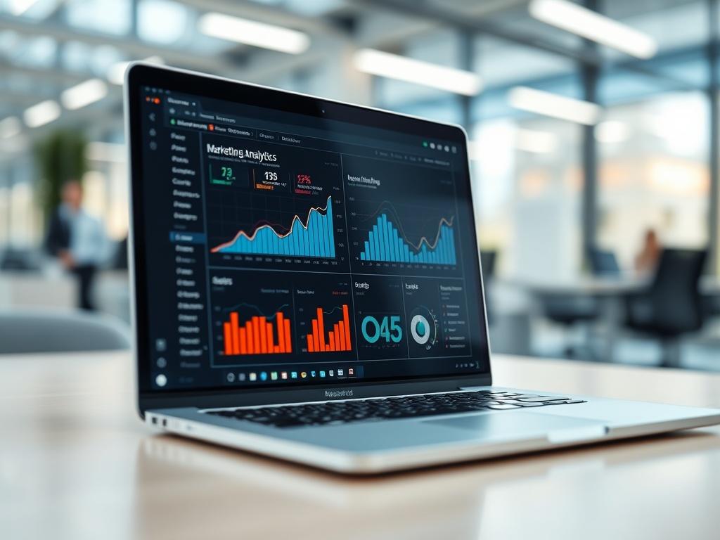 A close-up shot of a laptop screen displaying marketing analytics and AI tools, with a blurred background of a modern office environment. The focus is on the screen's data visualization, showcasing graphs and statistics. The image is shot with a 45mm f/1.2 lens, creating a shallow depth of field, emphasizing the digital aspect of marketing.