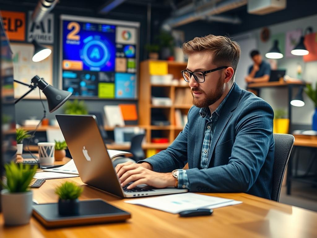 A close-up shot of a busy entrepreneur at a desk, efficiently managing tasks on a laptop with AI tools visible on the screen. The background shows a vibrant, organized workspace filled with productivity tools. The image is captured with a 45mm f/1.2 lens to emphasize the focus on productivity.