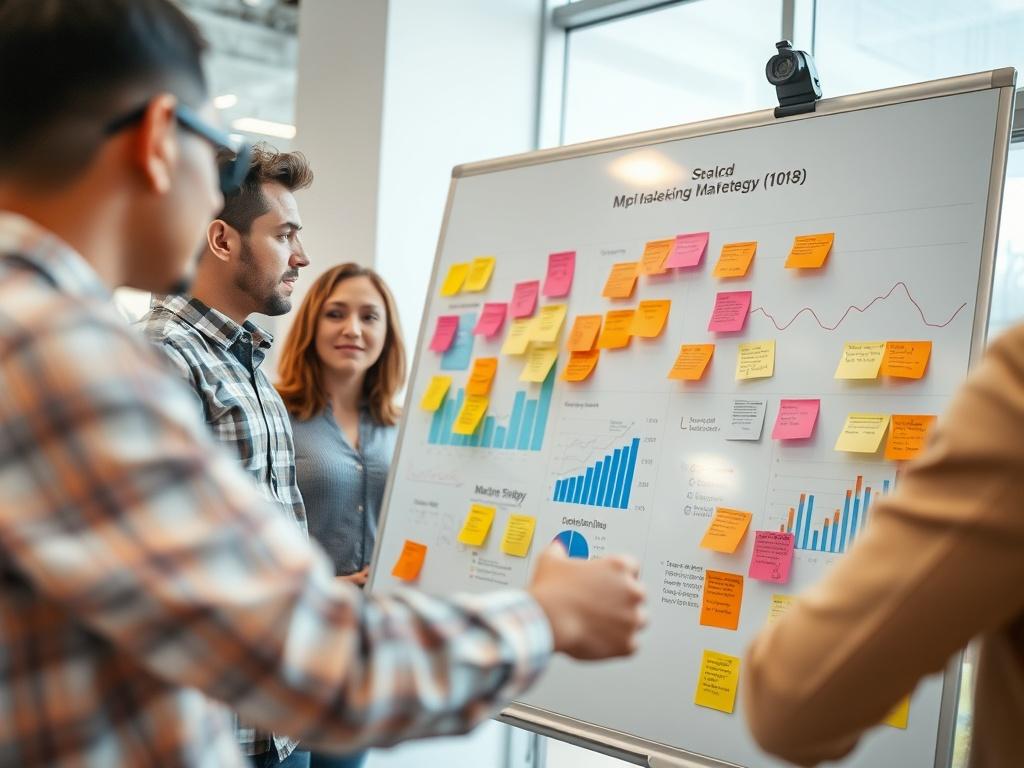 A close-up shot of a brainstorming session with a team working on a marketing strategy, showcasing sticky notes and charts on a whiteboard. The composition emphasizes collaboration and creativity in a bright, modern office space. Shot with a 45mm f/1.2 lens to capture the details of the strategy session.