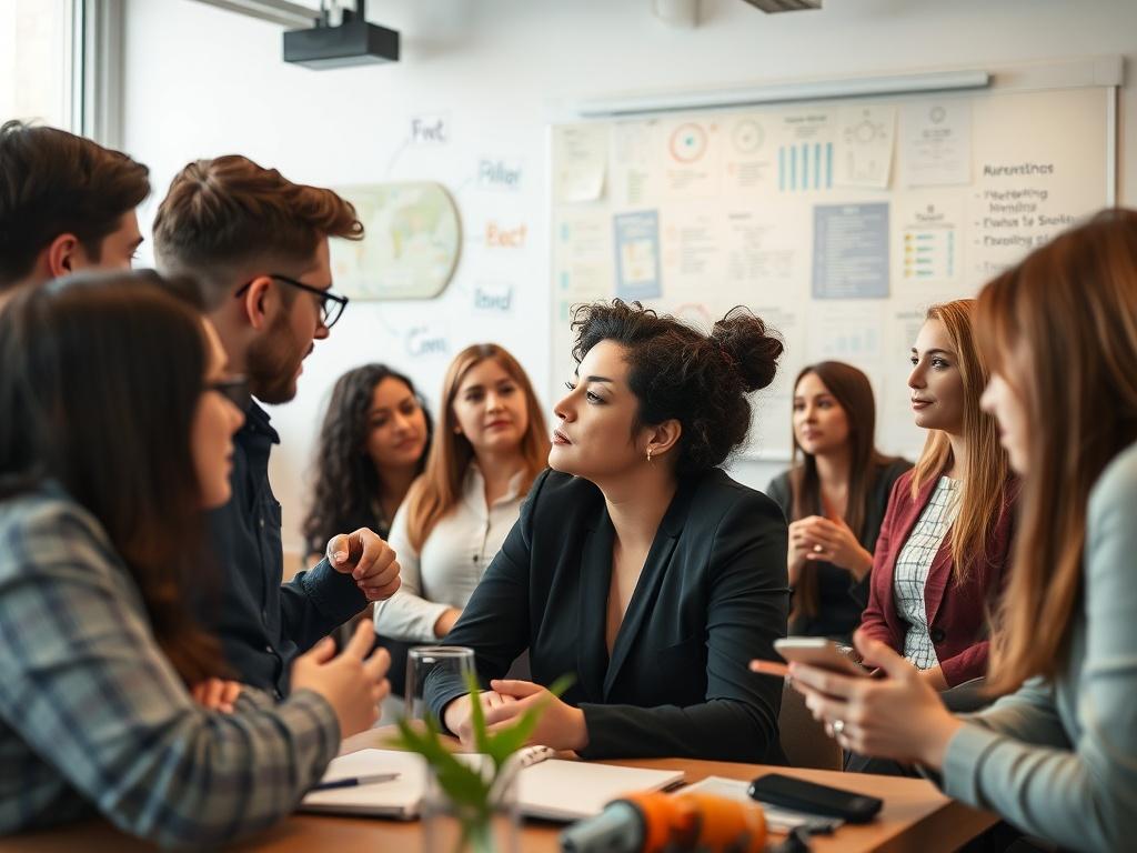 A high-resolution close-up of a workshop setting with participants actively engaging in discussions around AI marketing strategies. The scene captures a diverse group of professionals brainstorming together, with a whiteboard filled with ideas in the background. The atmosphere is energetic and collaborative, highlighting teamwork and innovation.