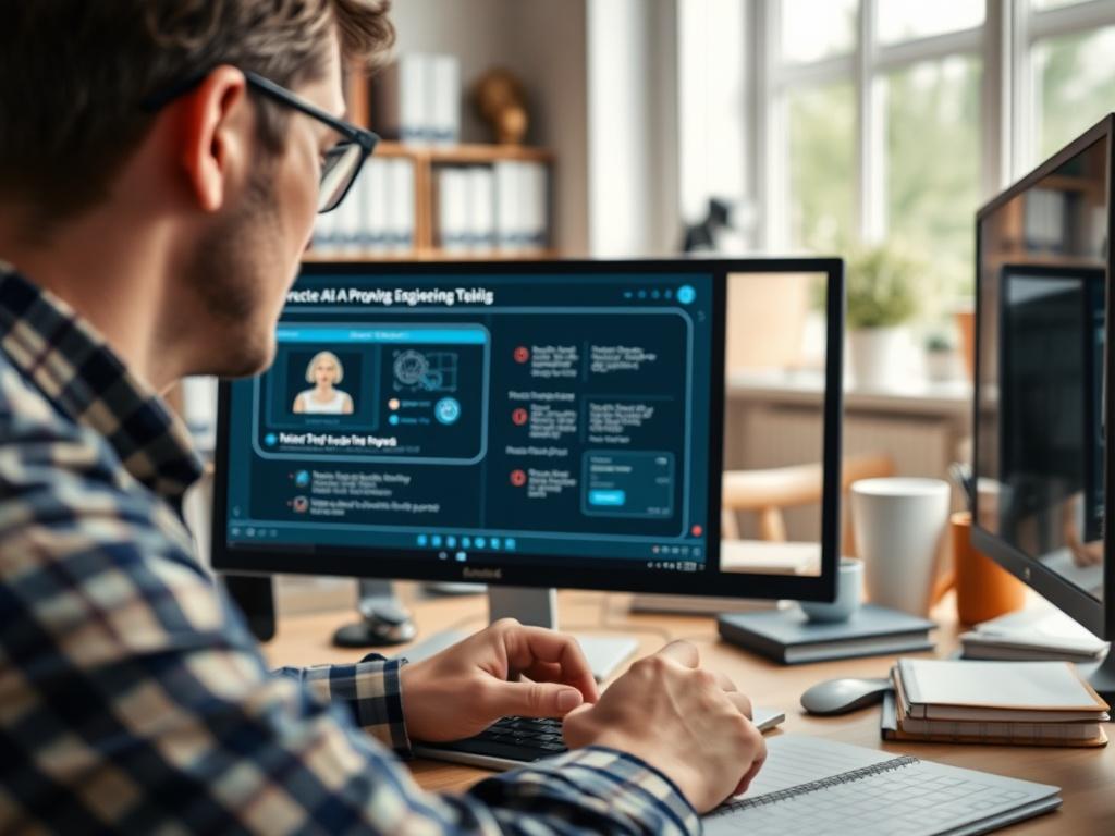 A high-resolution close-up of a person engaging in a virtual class setting, focused on a computer screen displaying an interactive AI prompt engineering tool. The background should be a bright and modern workspace, filled with books and notes, suggesting a learning environment. The scene should be warm and inviting, emphasizing a sense of dedication and concentration.