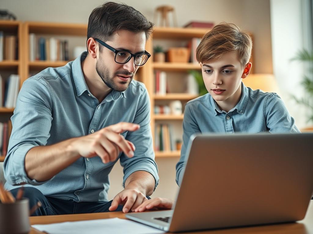 A high-resolution close-up shot of a tutor and a student engaged in a dynamic discussion over a laptop. The tutor is pointing towards the screen, while the student looks intrigued and focused. The background features a cozy study environment, with bookshelves and soft lighting, creating an atmosphere of personalized learning.