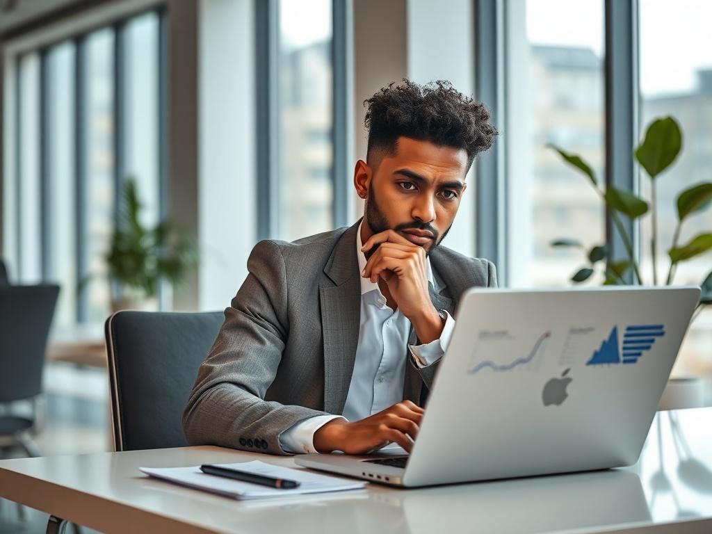 **Prompt for AI Image Generator:**

Create a realistic high-resolution photo that embodies the theme of "Unlocking AI for Marketing Success." The image should focus on a single, prominent subject: a thoughtful marketing professional sitting at a modern desk, deeply engaged in using a laptop that displays various marketing analytics. The individual should be of diverse ethnicity, wearing stylish yet professional attire, showcasing a look of curiosity and determination.

The background should consist of a sle