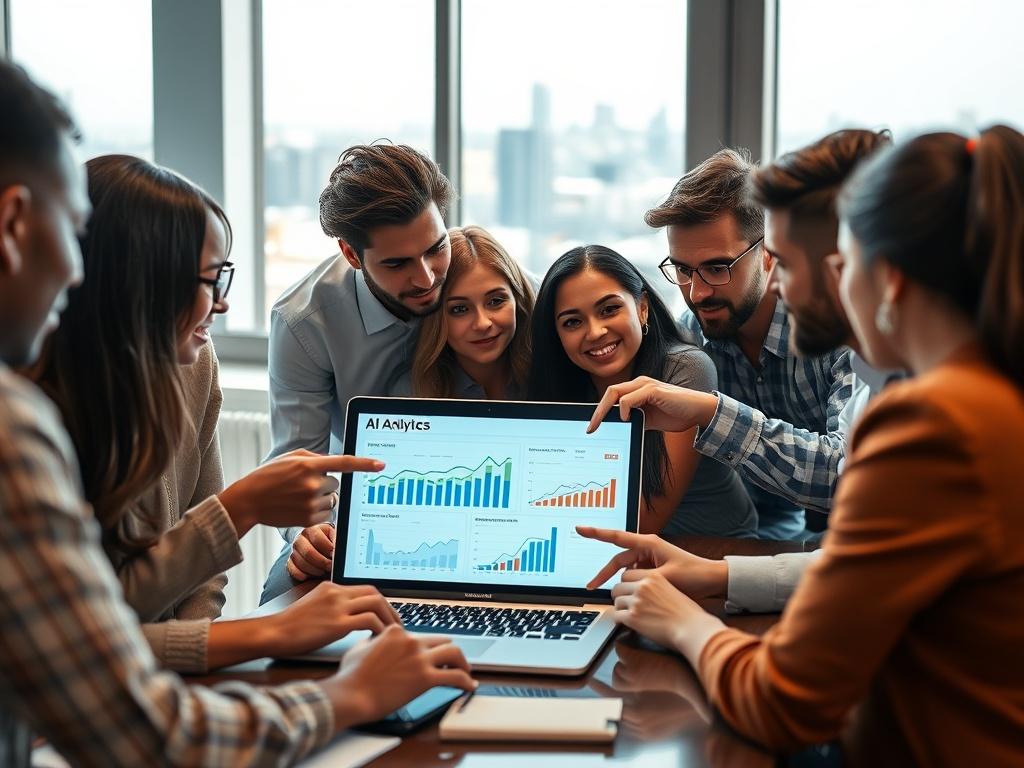 A high-resolution close-up shot of a diverse group of people engaged in a political campaign strategy session, with a focus on a laptop displaying AI analytics and graphs. The setting is a bright, modern office with a large window showing a cityscape in the background. The atmosphere is collaborative and dynamic, with individuals discussing strategies and pointing at the screen. The image is rendered in hyper-realistic detail, capturing the intensity and excitement of the campaign planning process.