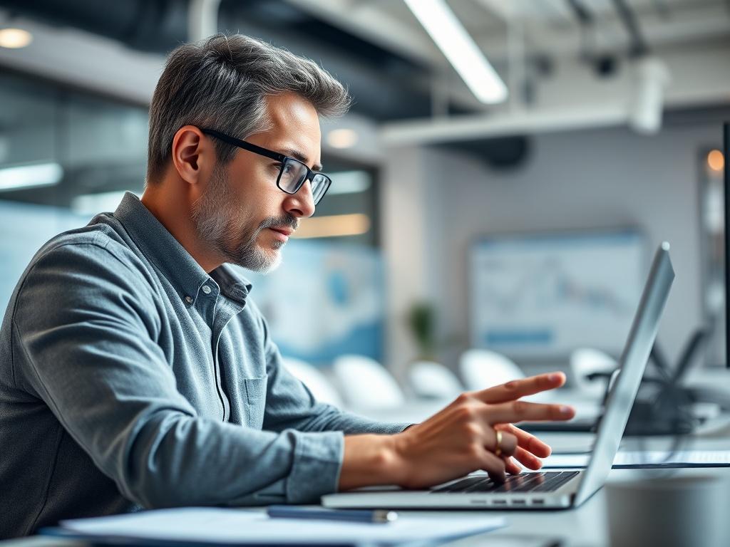 A hyper-realistic close-up shot of a professional marketing consultant working on a laptop, analyzing data with AI tools. The setting is a modern office with bright lighting and a clean workspace. The consultant is focused, demonstrating expertise and dedication. The background is blurred to emphasize the consultant while showcasing elements of technology and marketing materials.
