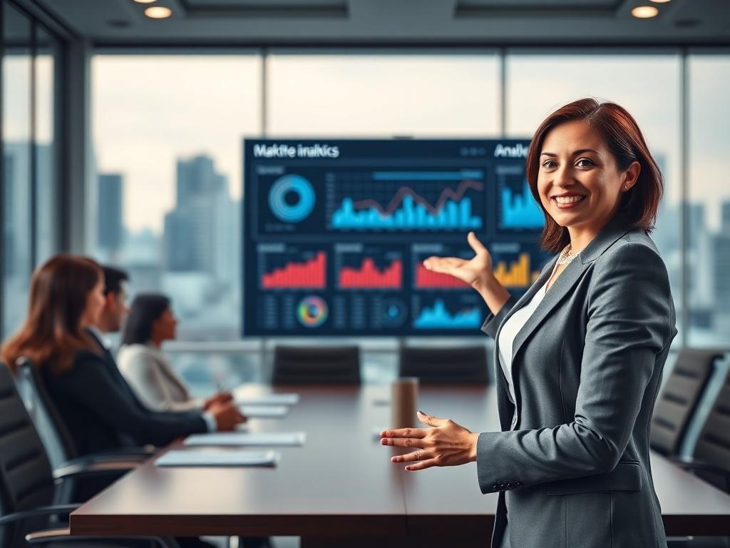 Illustrate a high-resolution photo of a confident businesswoman presenting in front of a large screen displaying marketing analytics. The setting should be a contemporary boardroom with a glass wall and a city skyline visible outside. The lighting should highlight the professionalism and success of the meeting.