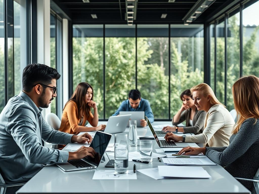 Generate a high-resolution photo of a diverse team of professionals brainstorming around a conference table with laptops and documents spread out. The setting should be a sleek modern office with large windows and greenery outside. The atmosphere should convey collaboration and innovation.
