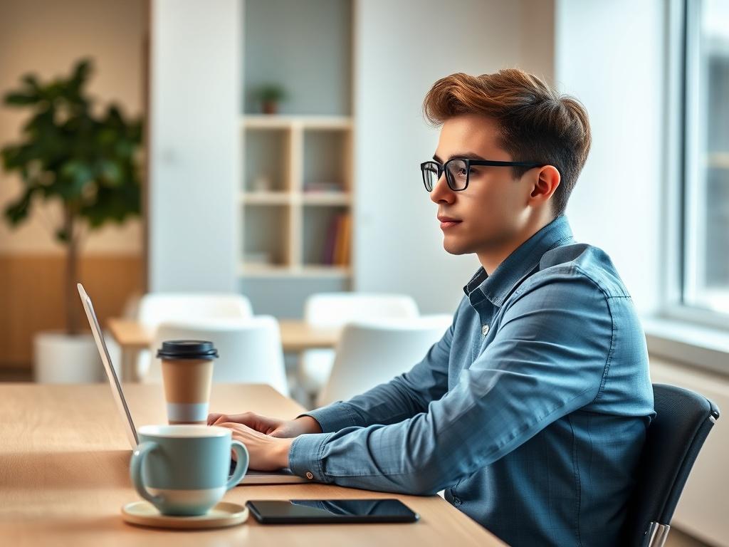 Create a realistic high-resolution photo of a young professional sitting at a desk with a laptop open, looking focused and engaged in a video call. The background should be a modern office with a light color scheme, and a coffee cup should be placed on the desk. The lighting should be bright and inviting, emphasizing a productive learning environment.