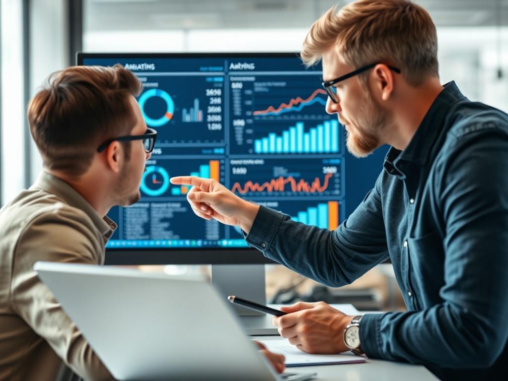 A close-up shot of a tutor pointing at a computer screen filled with AI-generated marketing analytics. The tutor is engaging with a student who appears focused and taking notes. The setting is bright and modern, emphasizing a collaborative learning environment.