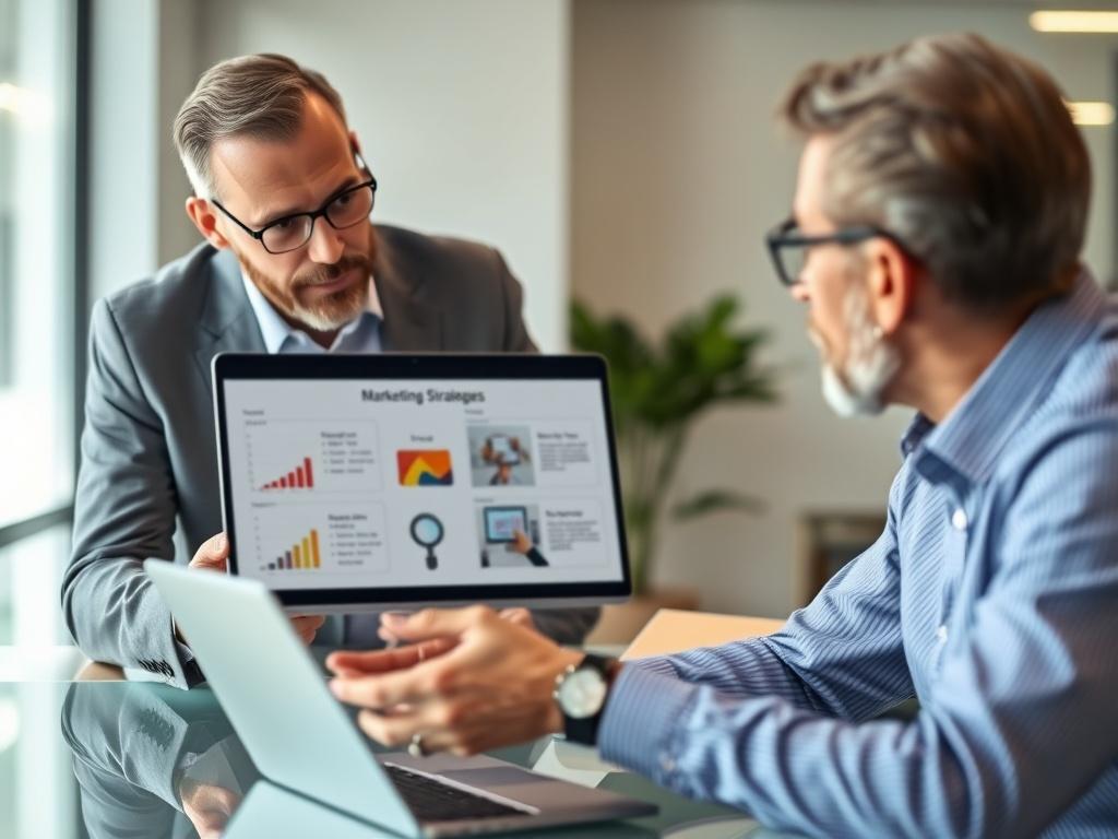 A professional setting with a business consultant and a client engaged in discussion. The consultant is showing a digital presentation on a laptop, highlighting marketing strategies. The background features a modern office with soft lighting and a window view.