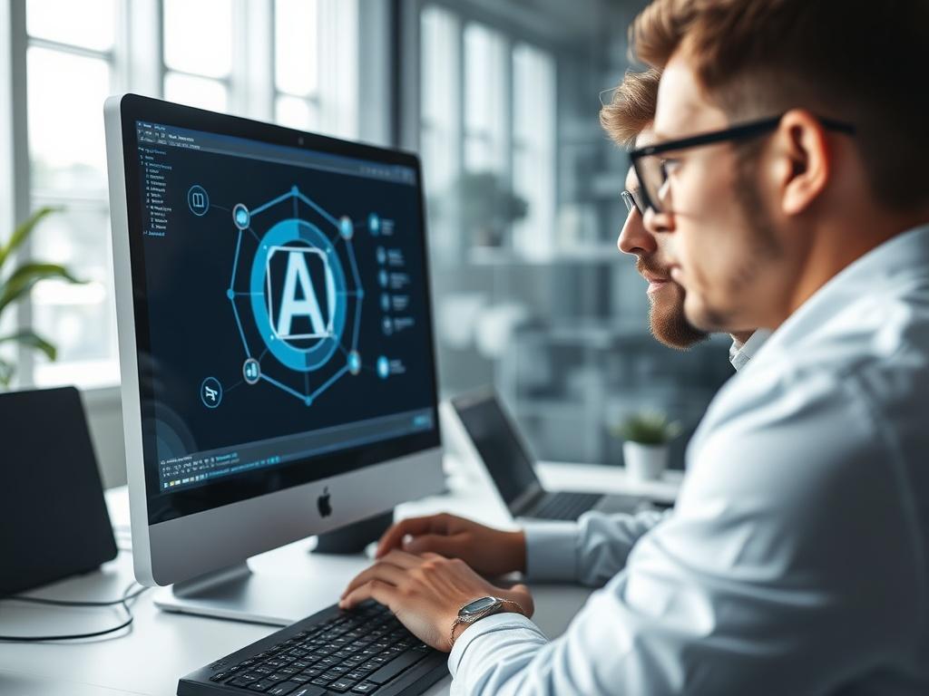 A technician setting up AI software on a computer for a client. The client is observing with interest. The scene captures a modern workspace with technology elements, emphasizing the integration of AI into business.