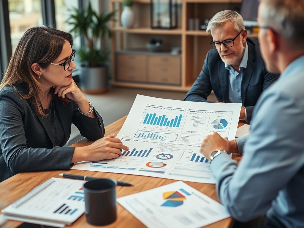 A marketing strategist reviewing a detailed marketing plan with a client. They are seated at a table with visual aids like charts and graphs. The ambiance is professional and collaborative, showcasing teamwork in an office environment.