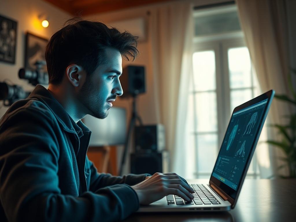 A high-resolution close-up shot of a filmmaker using a laptop with AI software on the screen. The setting is a cozy, well-lit room with film equipment in the background. The subject is focused on the laptop, showcasing a creative and engaged expression. The color scheme should incorporate the primary color rgb(243, 210, 80) subtly in the decor or lighting.