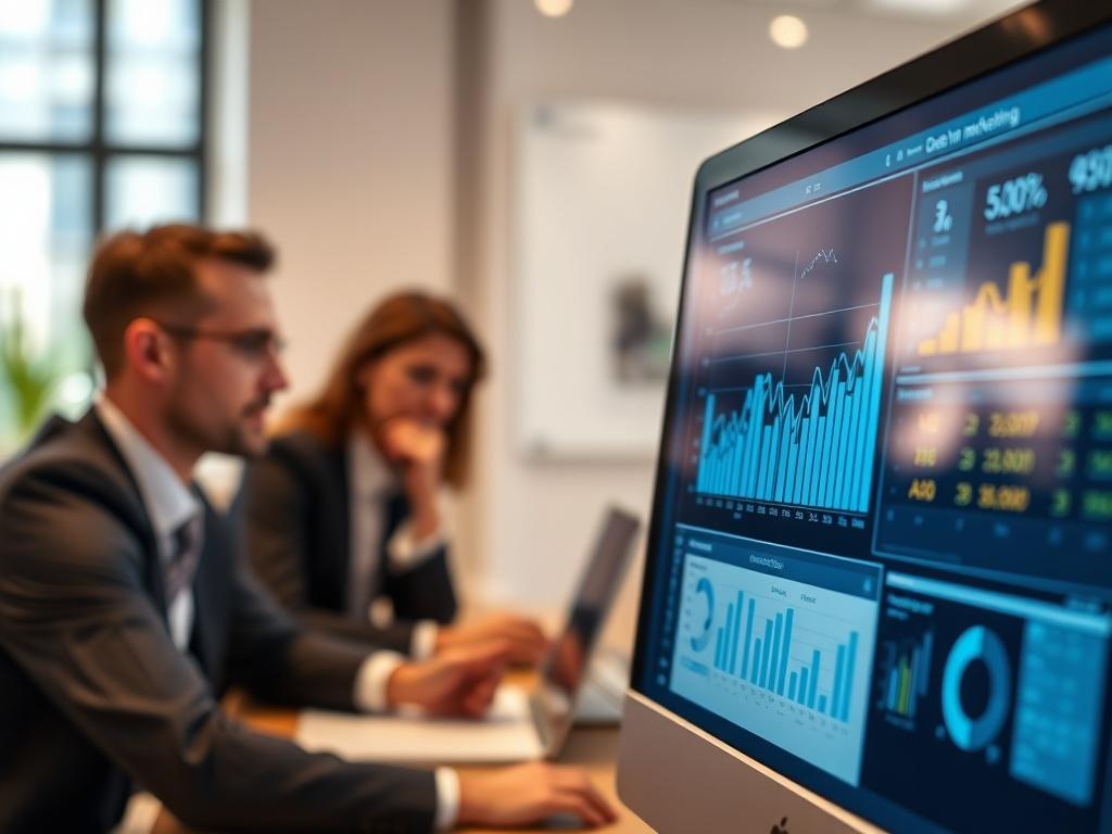 A close-up of a computer screen displaying a dynamic marketing database interface. The background should include a professional office setting with a hint of a brainstorming session. The focus should be on the data displayed on the screen, showcasing graphs and analytics. The image should be realistic and high-resolution, emphasizing the power of data in marketing.