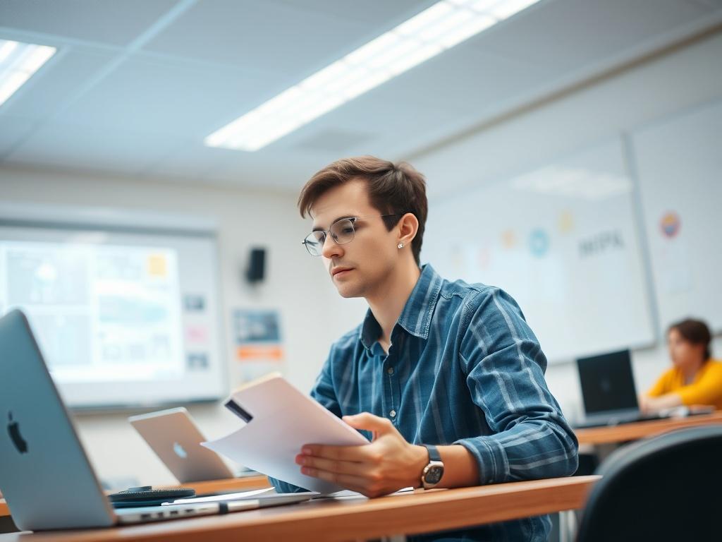 A focused individual taking notes in a modern classroom, surrounded by advanced technology. The setting should have a bright, engaging atmosphere with a whiteboard displaying AI-related concepts. The subject should be in the foreground, with soft blurred background elements suggesting a learning environment. The image should be realistic and high-resolution, capturing the essence of education and innovation.