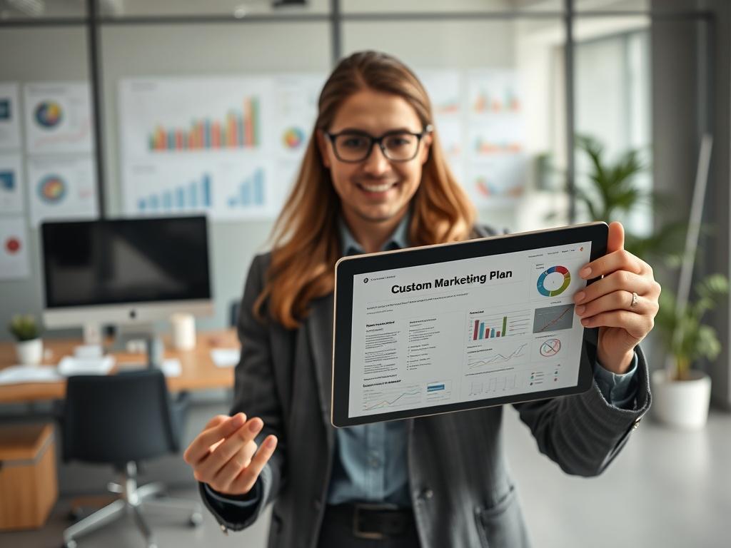 A marketing professional presenting a custom marketing plan on a digital tablet in a modern office. The background should feature a sleek workspace with charts, graphs, and marketing visuals. The subject should be animated and engaged, demonstrating the effectiveness of the plan. The image should be realistic and high-resolution, capturing the essence of strategy and collaboration.