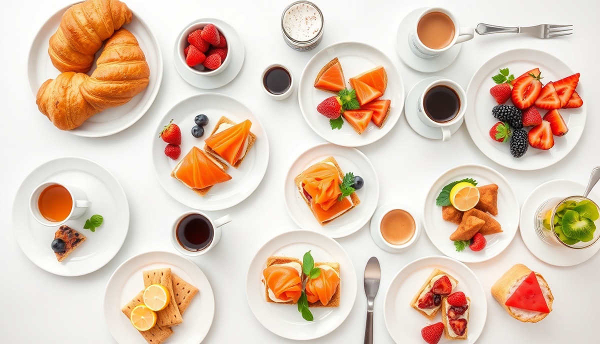 Beautiful brunch spread with pastries, fresh fruits, and elegant plating