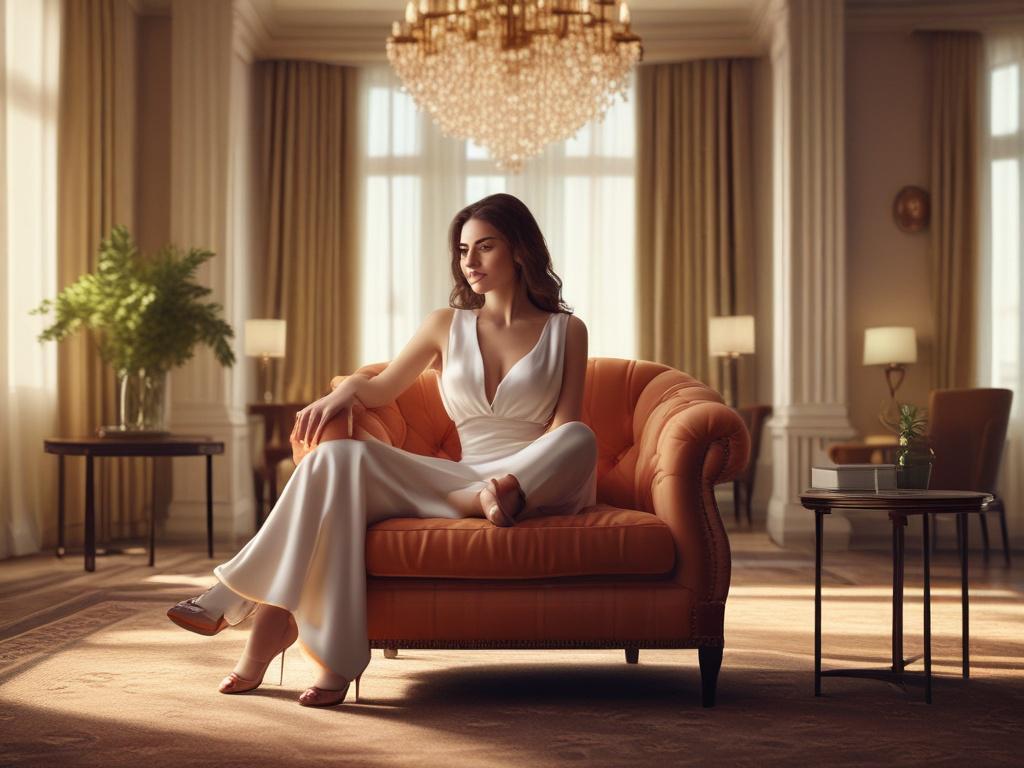 A captivating young woman dressed in elegant attire, sitting on