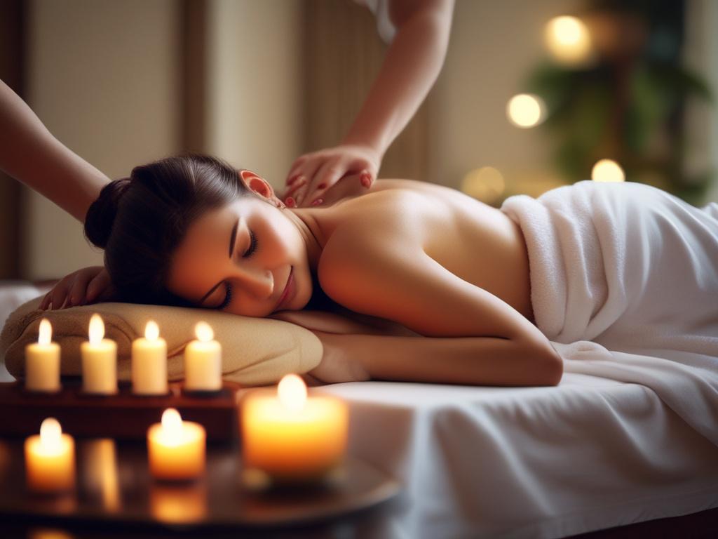 A serene spa setting with soft candlelight and aromatic oils