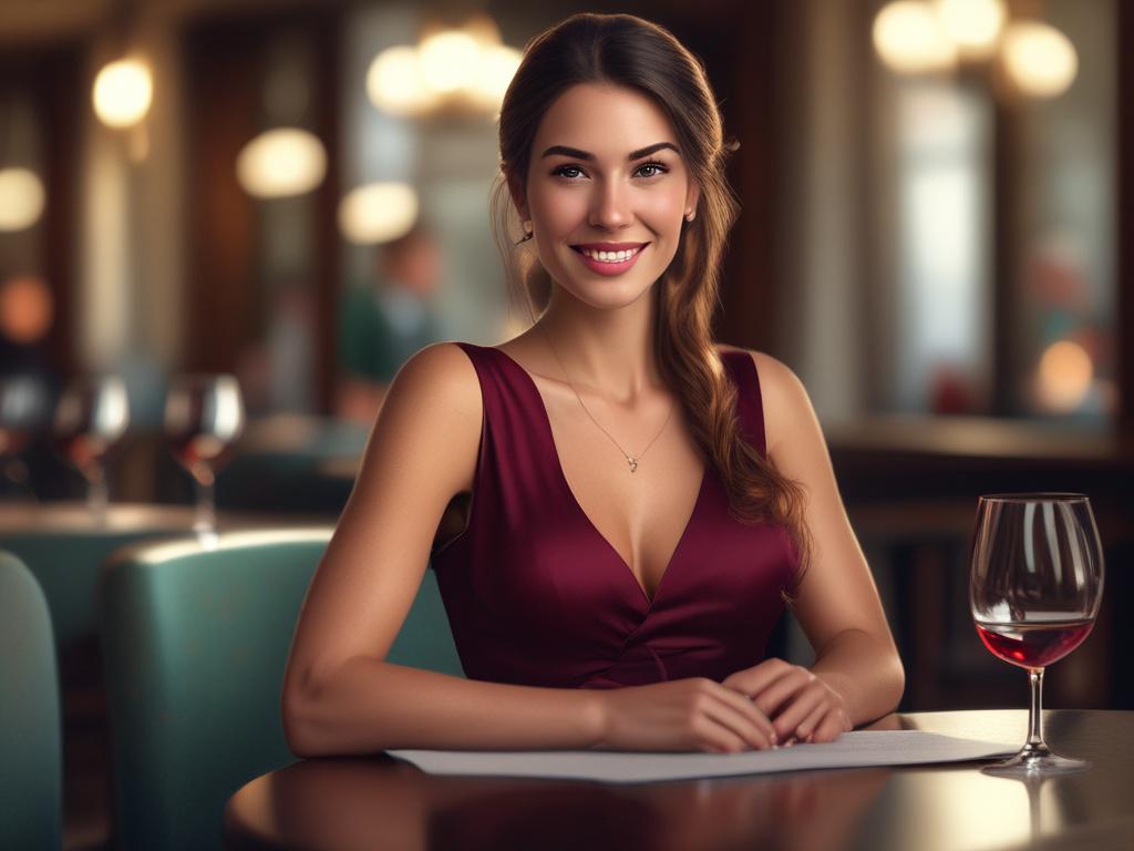 A stunning young woman in elegant evening attire, sitting gracefully