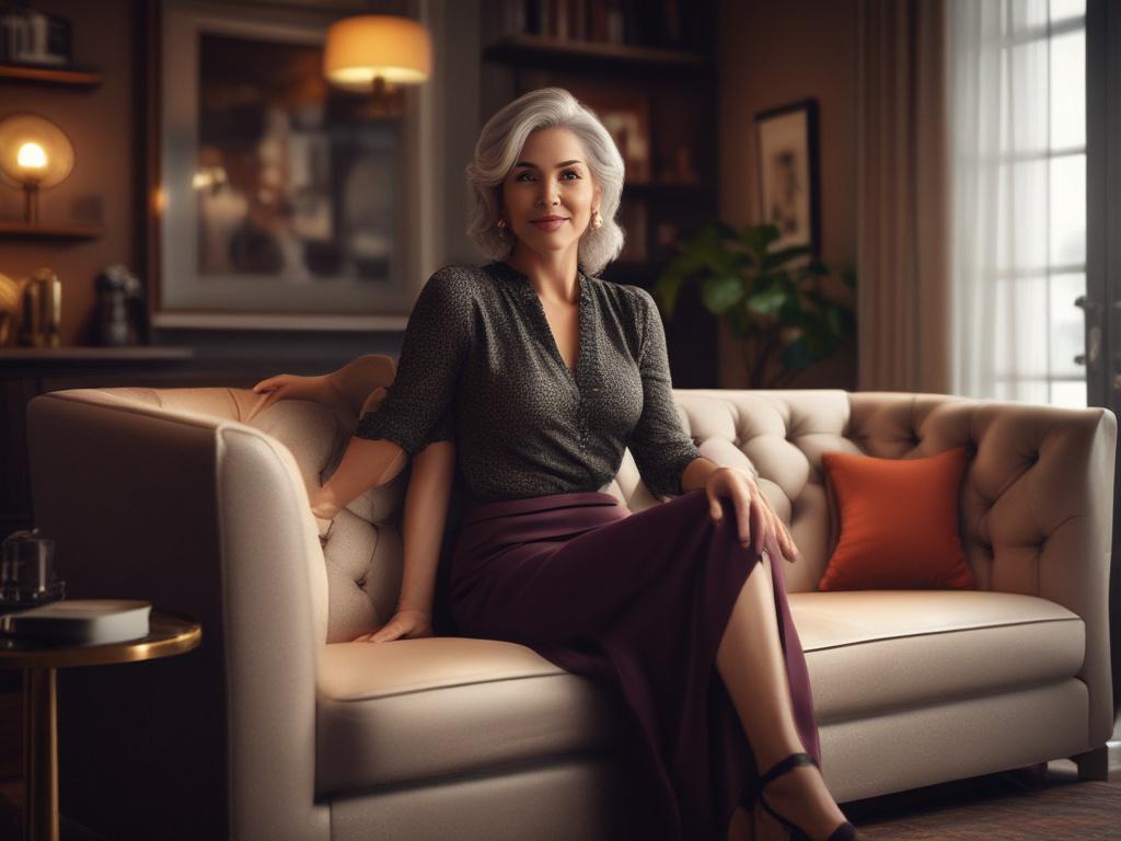 A sophisticated mature woman exuding confidence and charm, elegantly dressed