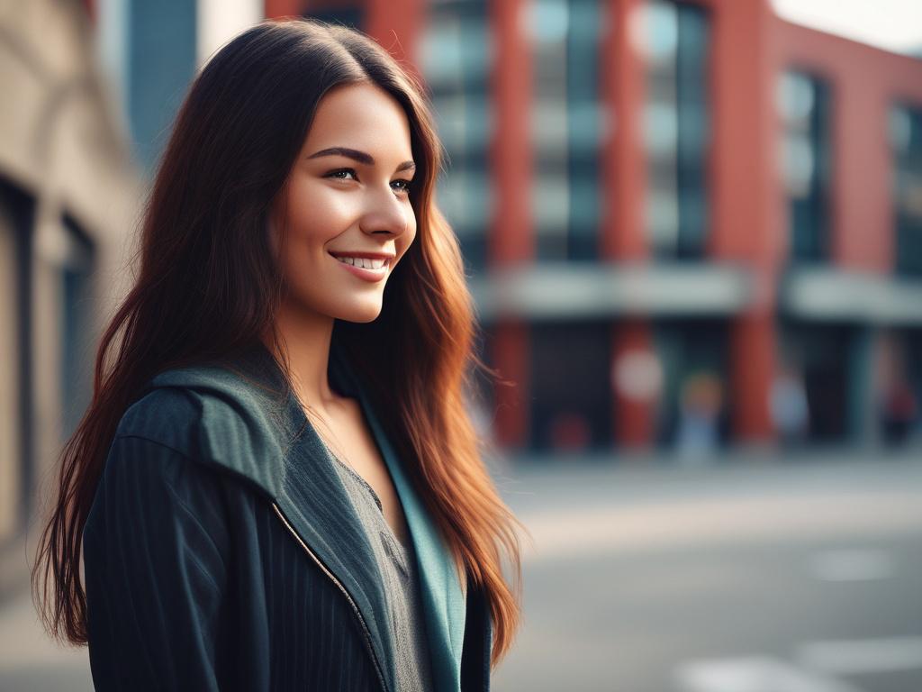 A beautiful young woman in a stylish outfit, smiling confidently