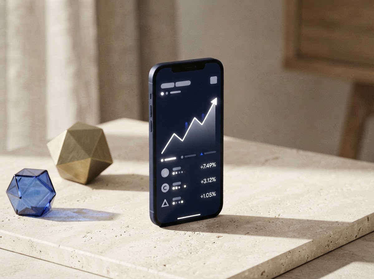 A smartphone displaying an abstract cryptocurrency portfolio on a softly lit surface