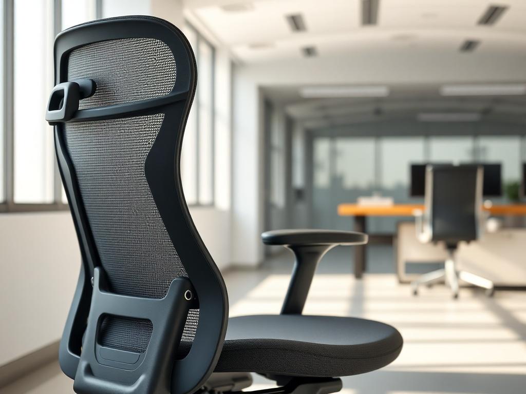 A hyper-realistic close-up shot of an Ergonomic Executive Office Chair in a modern office setting. The chair should feature a breathable mesh back, plush seat cushion, and adjustable lumbar support. The background should be a minimalistic office space with natural lighting, showcasing a sleek and professional atmosphere. The composition should focus solely on the chair, highlighting its ergonomic design and stylish features, with a color palette that complements the primary color rgb(50, 170, 39).