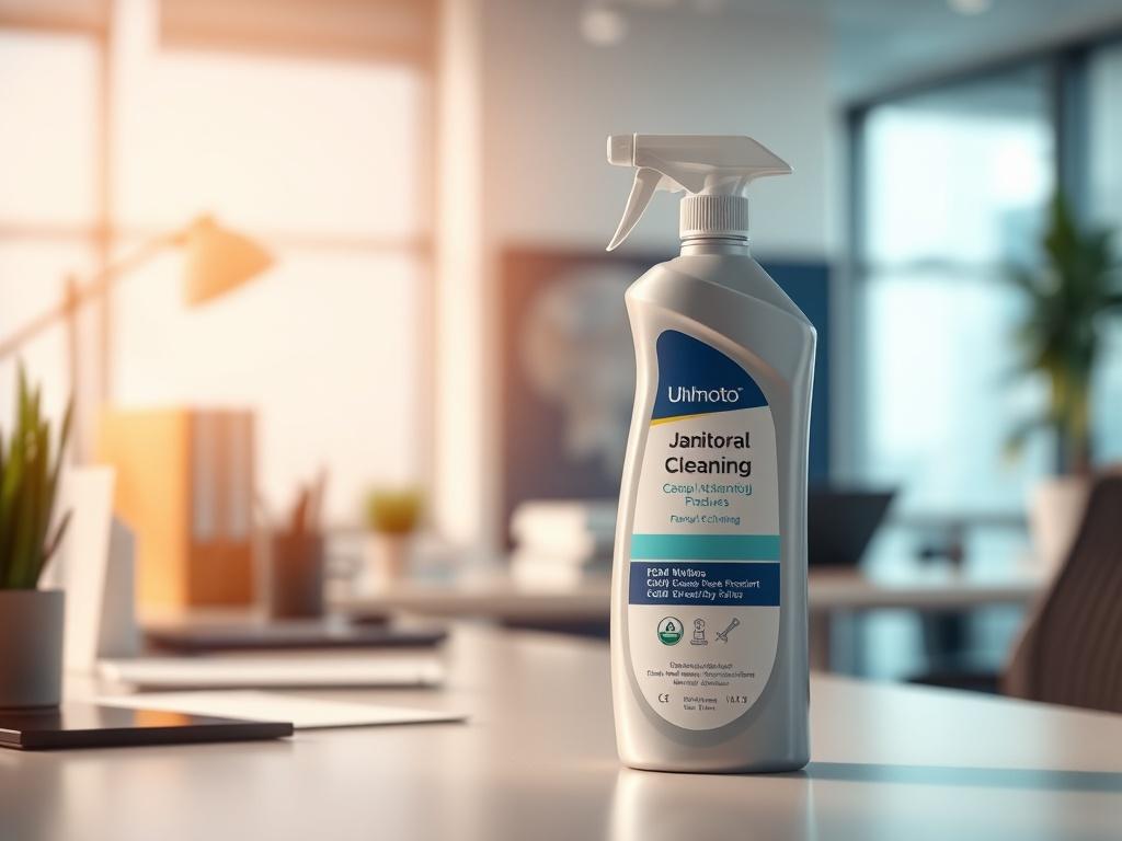 A close-up shot of a janitorial cleaning product in a well-lit office setting. The focus is on the sleek bottle with a modern design, highlighting its label and features. The background is softly blurred, emphasizing the product while showcasing a tidy office environment with a desk and some office supplies. The primary color rgb(50, 170, 39) is incorporated subtly in the label design.